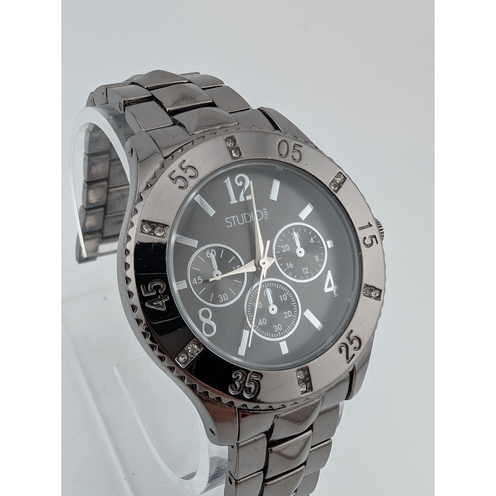 Studio Time Watch Women 39mm Case Gunmetal Tone 7.25" Band- New Battery